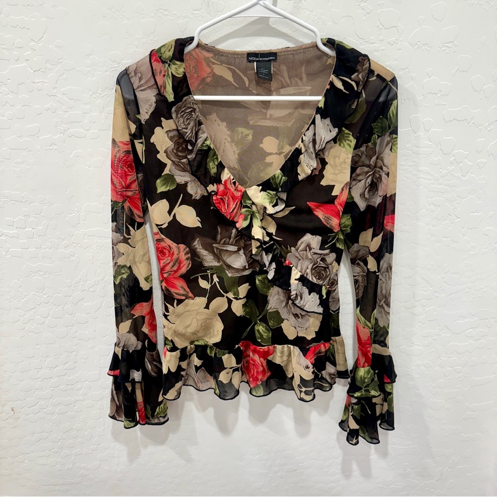 Y2K Moda International Floral Ruffle Blouse Womens Small Surplice Coquette